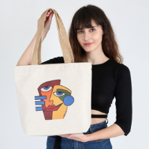 Farilya Tasarım FR013 Renkli Surat Baskılı Keten  Plaj Çantası