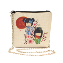 Farilya Tasarım FR0429 Japon Bebekler Baskılı Keten Kare Zincirli Çanta