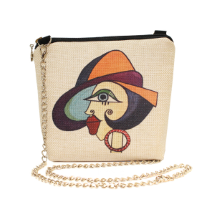 Farilya Tasarım FR0430 Halka Küpeli Kız Baskılı Keten Kare Zincirli Çanta