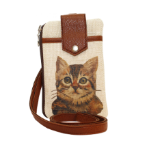 Farilya Tasarım FR1805 Tekir Kedi Baskılı, Deri Aparat, Keten Cep Telefon Çantası