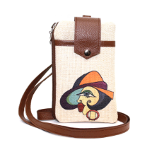 Farilya Tasarım FR1806 Halka Küpeli Kız Baskılı, Deri Aparat, Keten Cep Telefon Çantası