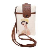 Farilya Tasarım FR1807 Sarı İncili Kız Baskılı, Deri Aparat, Keten Cep Telefon Çantası