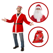 Kostümce Noel Baba Ceket Şapka Kemer Set Polar + Noel Baba Sakalı ve Baskılı Hediye Dağıtım Çuvalı Kostüm
