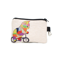 Farilya Tasarım FR1040 Bisiklete Binen Kedi Baskılı Keten  Cüzdan