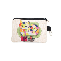 Farilya Tasarım FR1041 Koltukta Yatan Kedi Baskılı Keten  Cüzdan