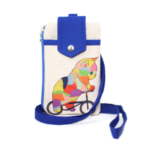 Farilya Tasarım FR1824 Bisiklete Binen Kedi Baskılı, Mavi Aparat Keten  Telefon Çantası