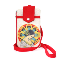 Farilya Tasarım FR1826 Sicilyalı Kız Baskılı, Kırmızı Aparat, Keten  Telefon Çantası