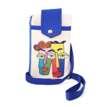 Farilya Tasarım FR1827 Renkli Aile Baskılı, Mavi Aparat, Keten  Telefon Çantası