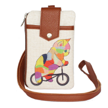 Farilya Tasarım FR1834 Bisiklete Binen Kedi Baskılı, Deri Aparat, Keten  Telefon Çantası