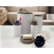 Biltaş Plastik Auaro 5 Parça Beyaz Çizgili Kahverengi Akrilik Desenli Yuvarlak 5'li  Banyo Seti