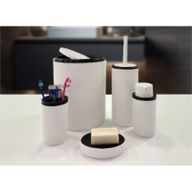 Biltaş Plastik Auaro 5 Parça Beyaz Çizgili Siyah Kapaklı Yuvarlak 5'li  Banyo Seti